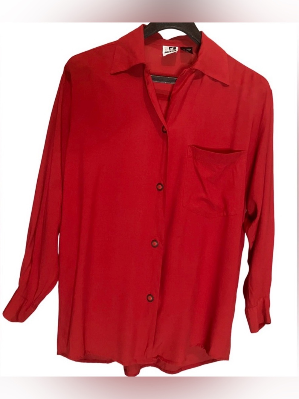Paul Et Duffier Vintage Rayon Button Down Blouse in Red Oversized XS